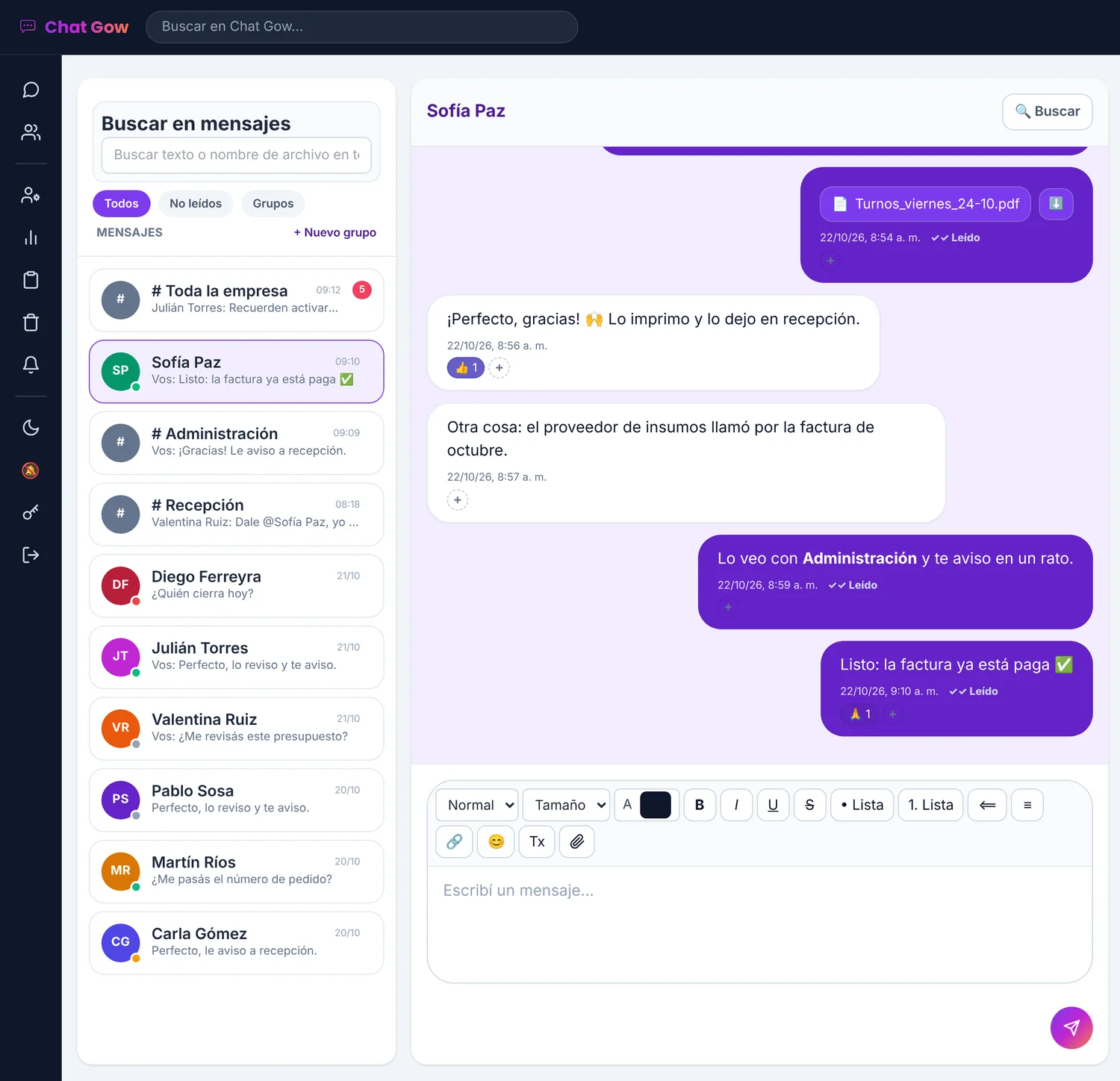 Chat privado de ChatGow con archivo adjunto, reacciones y mensajes leídos