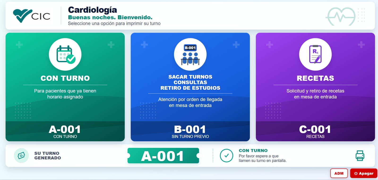 Pantalla de autogestión DS Turnos: con turno, sacar turno y recetas